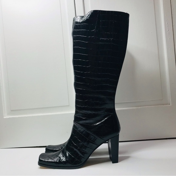 COUP D’ETAT Black Crock Print Leather High Heel Boots Size 9.5B - Picture 1 of 11